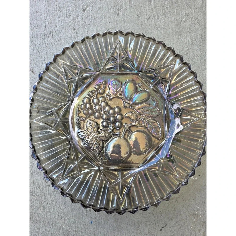Vintage Carnival Glass Bowl Iridescent Fruit Harvest Grapes Pears 10.5 Inch‎ E3